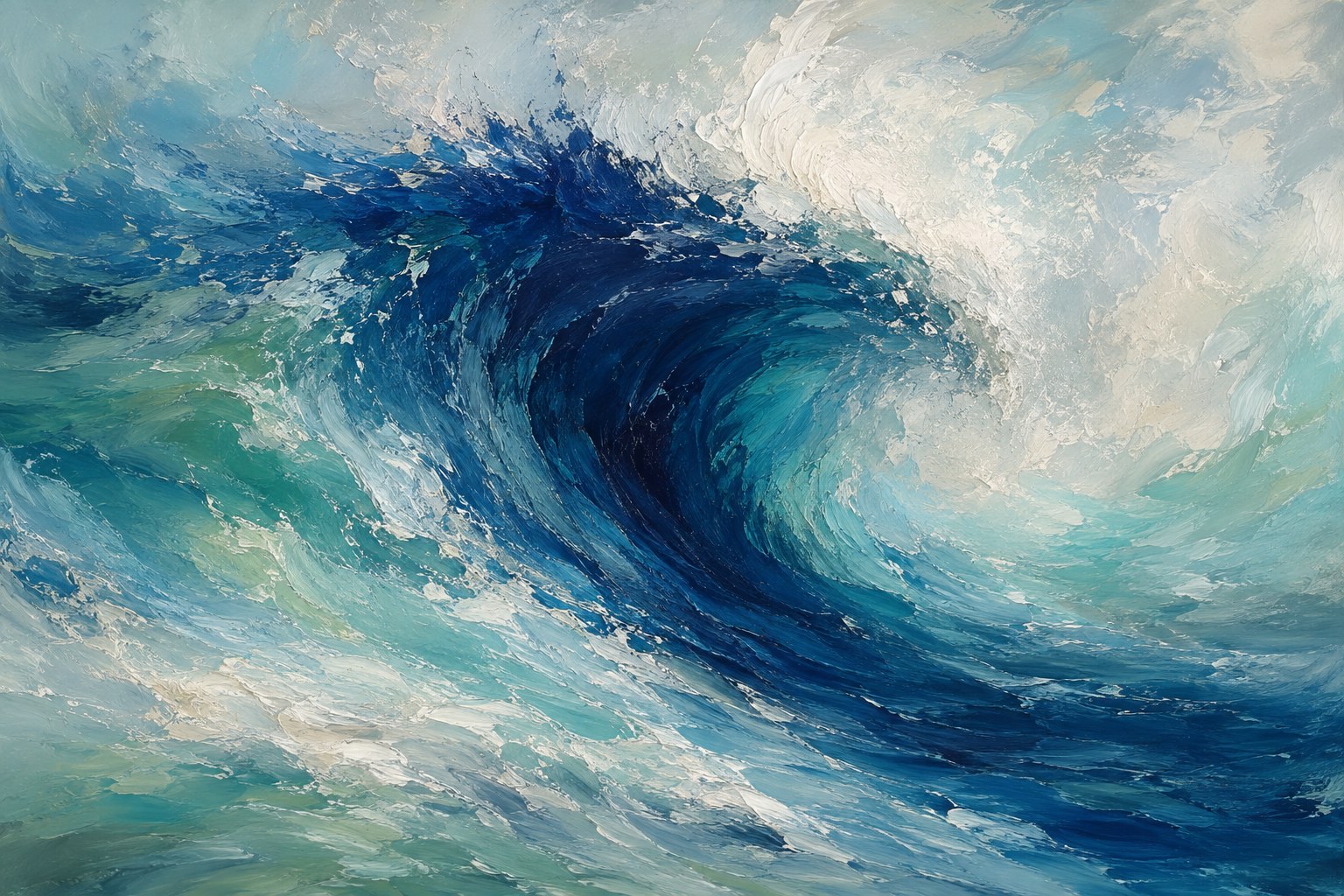 Abstract painterly oil-wave illustration in navy, teal, and white, evoking a ship replacing its own planks at sea