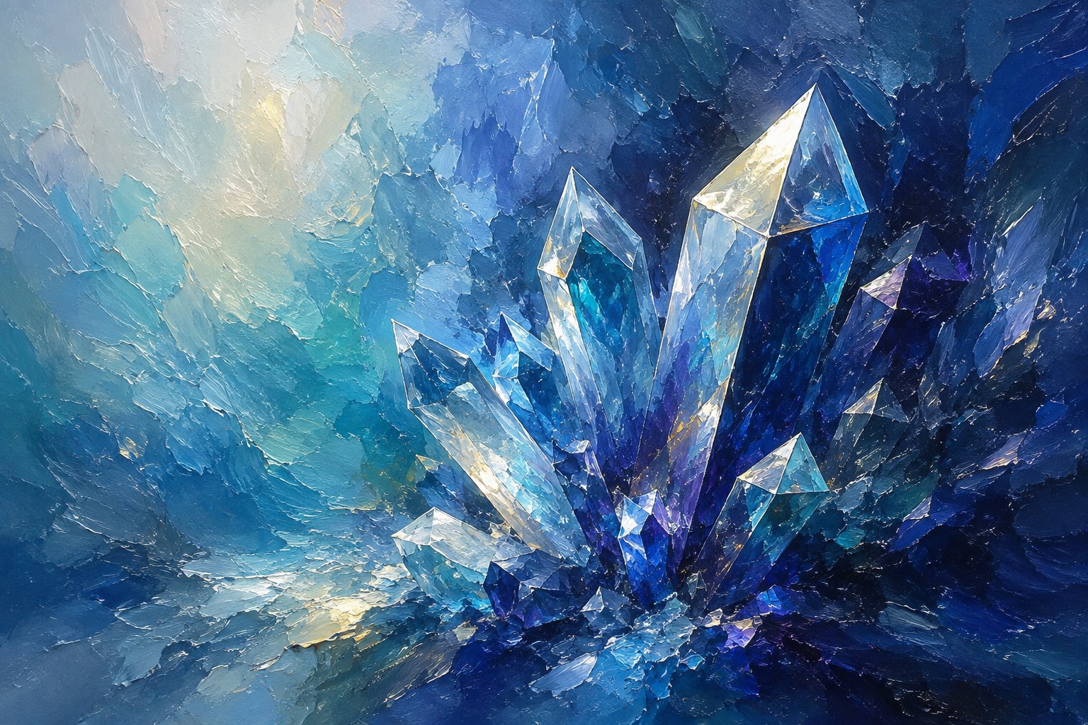Abstract painterly illustration of a faceted crystal cluster crystallizing out of a soft blue wash, evoking formal proof emerging from raw intuition
